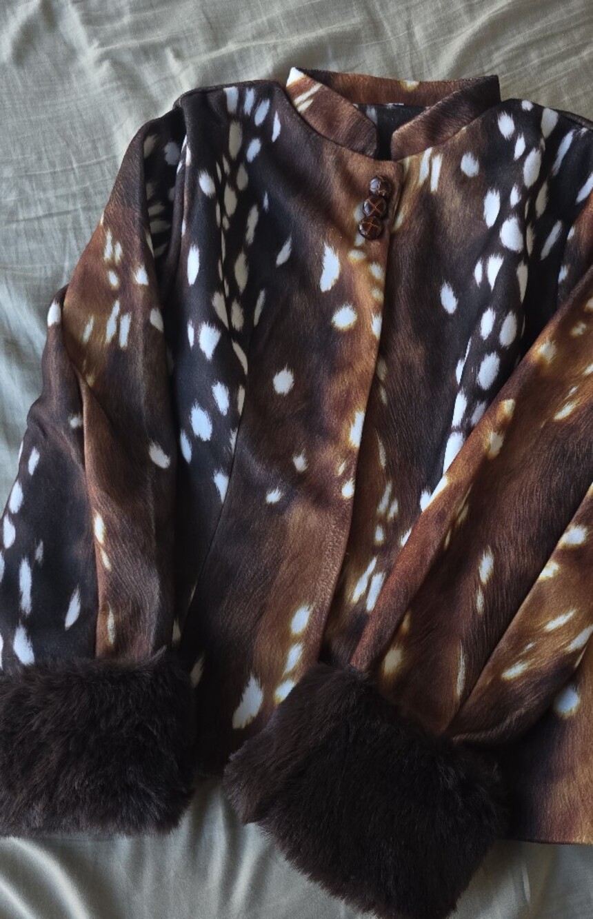 Vintage Women's Spotted Printed Jacket Stand Collar Full Sleeve Faux Fur Cuff - Picture 8 of 9